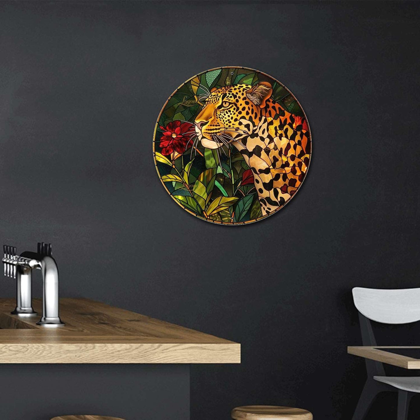 Lygond Metal Sign Tin Sign Circular Stained Glass Leopard Home Decor For Restaurant 8×8 Inches
