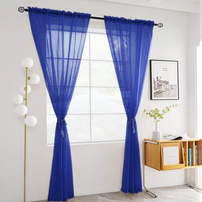 youleyar Solid Sheer Rod Pocket Curtain Voile Draperies 2 Panels White Beige Black Grey Coffee 52 Inch Width 90 Inch Long 1 Pair for Kitchen Bedroom Children Living Room Yard (Sapphire,52Wｘ90L)