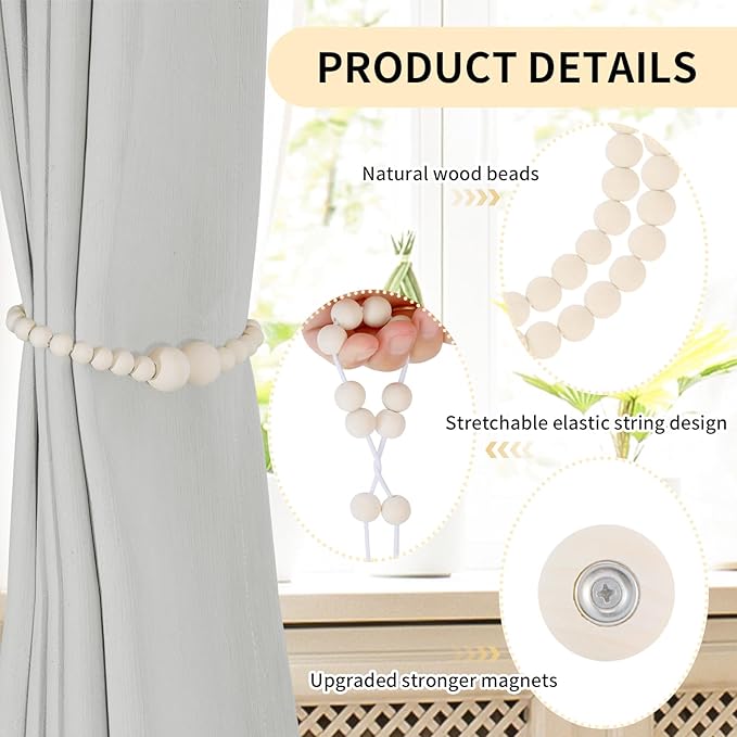 KLOGTSIND Magnetic Curtain Tiebacks, 6 Pack Curtain Holdbacks for Draperies, Wood Bead Curtain Tiebacks, Elegant Curtain Tie Backs for Bedroom Decor, Boho Room Decor, Nursery Decor, Farmhouse Decor