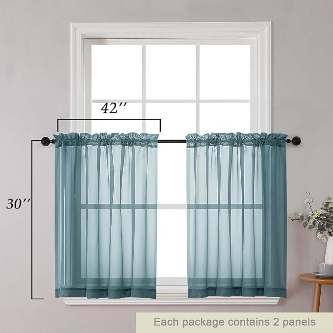 Dusty Blue Kitchen Curtains 30 Inch Length Tier 2 PCS, Solid Soft Half Curtains for Windows, Dusty Blue Sheer Rod Pocket Drapes for Bathroom Basement Small Window Curtain, 42" Wx30 L Inches