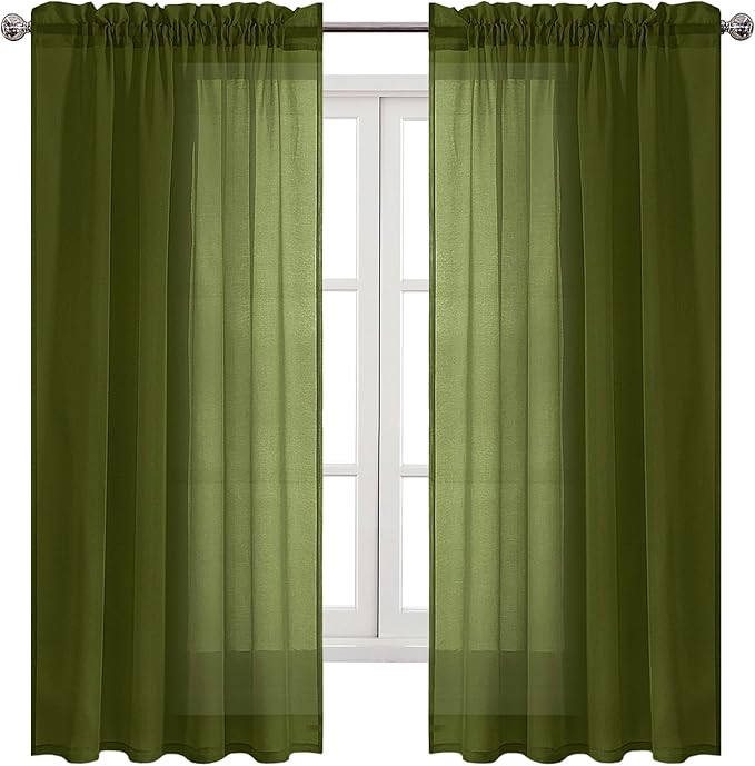 DWCN Olive Green Sheer Curtains Semi Transparent Voile Rod Pocket Curtains for Bedroom and Living Room, 52 x 54 inches Long, Set of 2 Panels