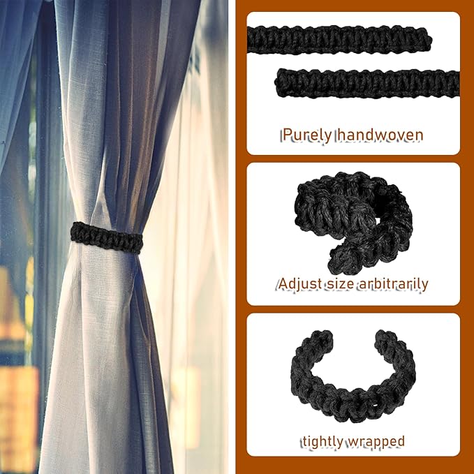 Ptwola 4 Pack Braided Curtain Tiebacks Boho Elegant Rustic Curtain Holdbacks Tie Backs Holders Set Simple Light Weight Drapes Decorative Accessories Handmade for Home Office Bedroom Window (4, Black)