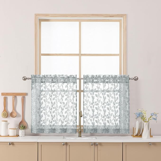 Chyhomenyc Light Grey Sheer Curtains 24 Inch Length, Light Filtering Leaf Tufted Textured Small Window Kitchen Curtain Over Sink, Short Half Window Curtains for Bathroom Basement, 30"Wx24"L, 2 Panels