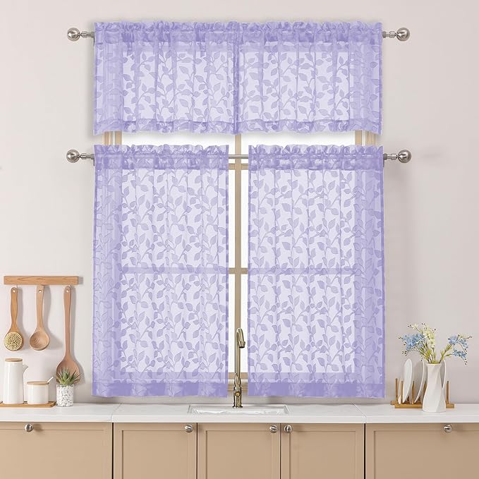 Chyhomenyc Light Purple Sheer Valances for Windows 14 Inch Length 2 Pcs, Light Filtering Leaf Textured Cafe Short Kitchen Curtains, Top Small Curtain for Living Room Bedroom Basement, 42" W x 14" L