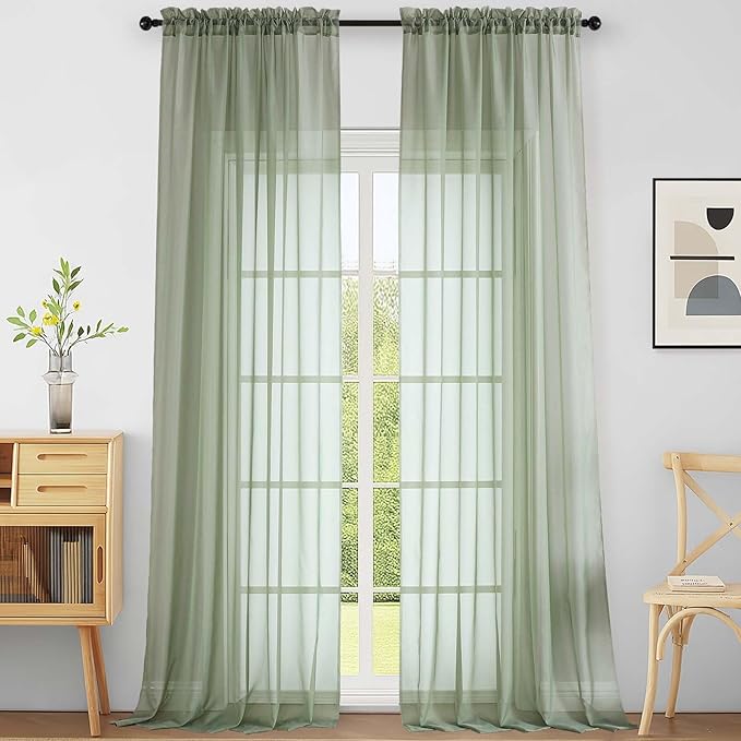 Extra Wide Sage Green Sheer Curtains for Windows 108 inches Long, Lightweight Light Filtering Soft Drapes for Living Room Bedroom, Dual Rod Pocket Sheer Curtains, 2x59Wx108L inches, 9FT, 2PCS
