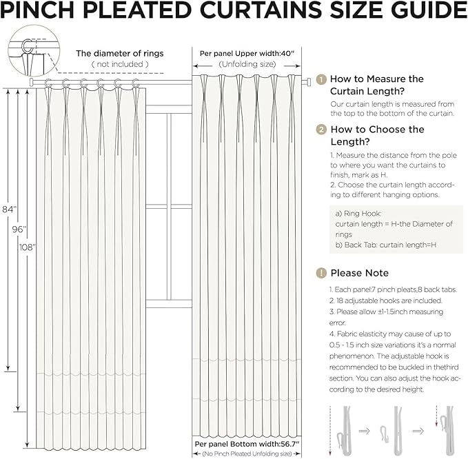 Joydeco Thick Linen Pinch Pleated Curtains 84 Inch Long 2 Panel Set for Living Room, Double-Faced Curtain for Bedroom, Back Tab Blackout Drapes with Adjustable Hooks (40”W x84”L,Thick Linen)