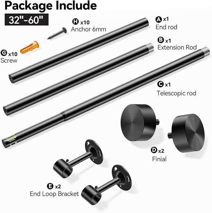YaFex Heavy Duty Curtain Rods 32-60 Inch, 1 Inch Adjustable Black Curtain Rod for Windows,Short Window Treatment Rods with Aluminium Finials, Easy Installation
