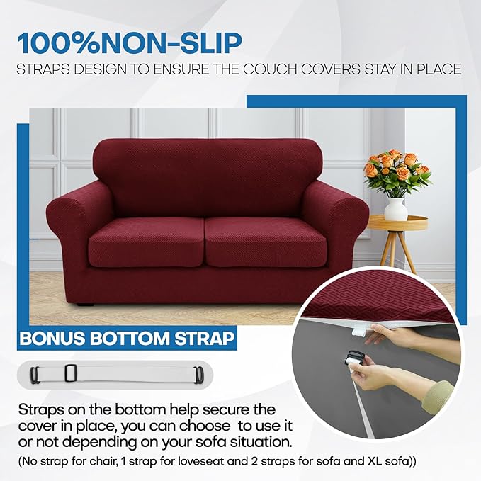 XINEAGE 2026 New 3 Pieces Couch Covers for 2 Extra Large Cushion Sofa Super Stretch Sofa Cover for 2 Large Seat Universal Loveseat Slip Cover for Living Room (Wine Red), 71"-91"(2 Cushions)