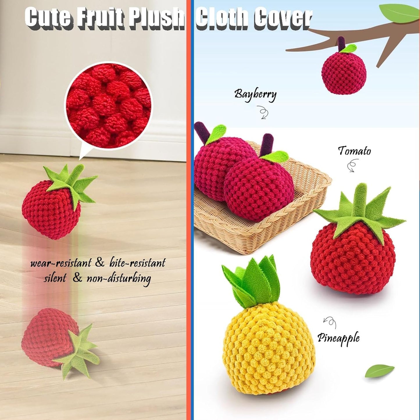 Zoomie Buddy 2.0, Zoomie Buddy for Dogs, 2 in 1 Smart Touch Interactive Dog Balls ＆ Pet Feeder, 2.83" Diameter, Suitable for Small/Medium Dogs, with Fruit Plush Cover (Blue+Orange, Tomato)