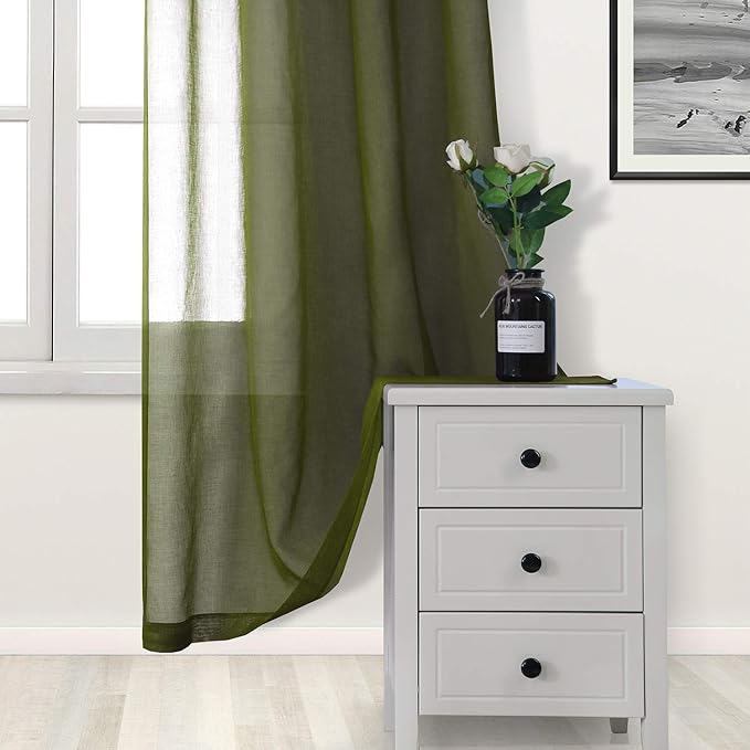 DWCN Olive Green Sheer Curtains Semi Transparent Voile Rod Pocket Curtains for Bedroom and Living Room, 60 x 84 inches Long, Set of 2 Panels