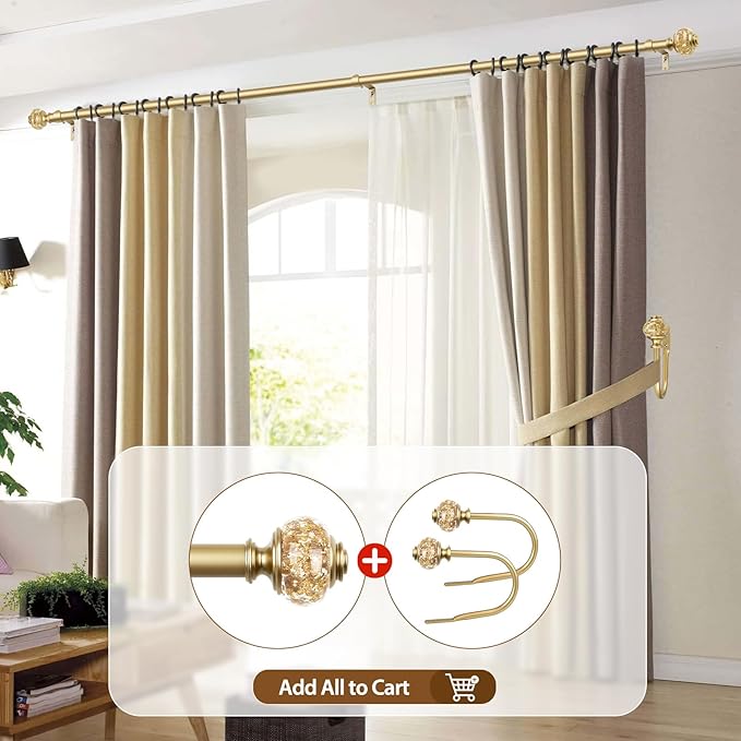 Curtain Rods for Windows 48 to 84 Inch, USFOOK 7/8 inch Luxury Gold Curtain Rod 32 to 86 Inch, Telescoping Splicing Drapery Rods with Decorative Translucent Finials