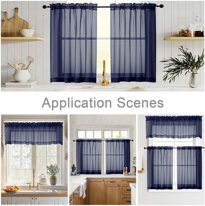 Navy Blue Valances for Windows, Navy Blue Sheer Curtains 14 Inch Length 2 Pack Kitchen Curtain, Modern Solid Mini Small Window Curtains for Cafe Bathroom Basement, Navy Blue, 42"Wx14"L Inch