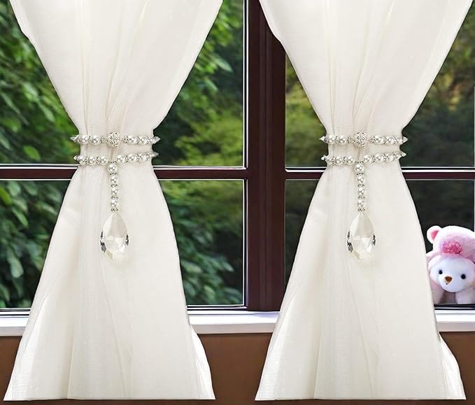 SUQ I OME 1 Pair of Luxury Pearl Beaded Magnetic Curtain Tieback and Holdback Curtain Clips Curtain Buckle Curtain Holder Blingbling Curtain Holdbacks for Drapes,Pearl