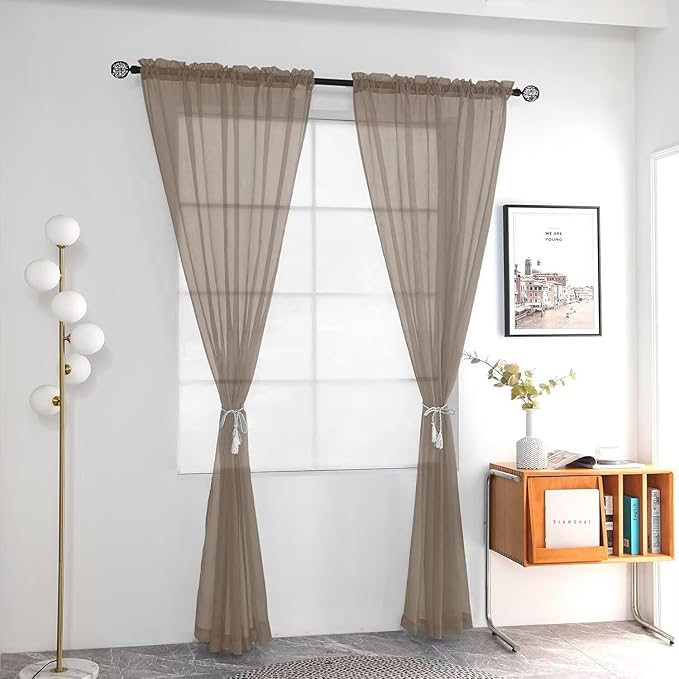 youleyar Solid Sheer Rod Pocket Curtain Voile Draperies 2 Panels White Beige Black Grey Ivory 52 Inch Width 84 Inch Long 1 Pair for Kitchen Bedroom Children Living Room Yard (Taupe,52Wｘ84L)
