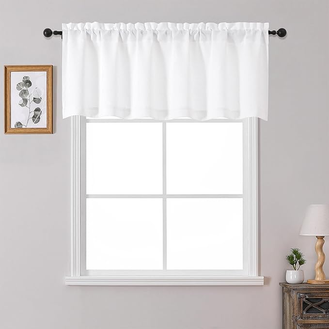 OWENIE White Valances for Windows 1 Pcs 20 Inch Length, Light Filtering Textured Short Small Valance Curtains for Bathroom Basement Living Room Bedroom, Half Window Curtains Over Sink, 60" W by 20" L