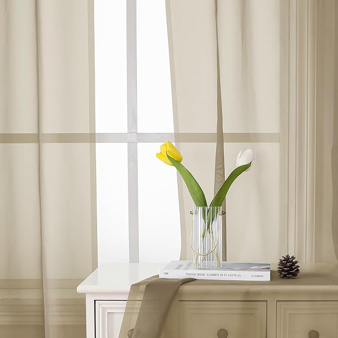 Lecloud Taupe Sheer Curtains 54 Inch Length 2 Panels Set, Balance Light & Privacy Solid Voile Curtains for Living Room Bedroom, Dual Rod Pockets Cafe Kitchen Window Drapes, 40x54 Inches