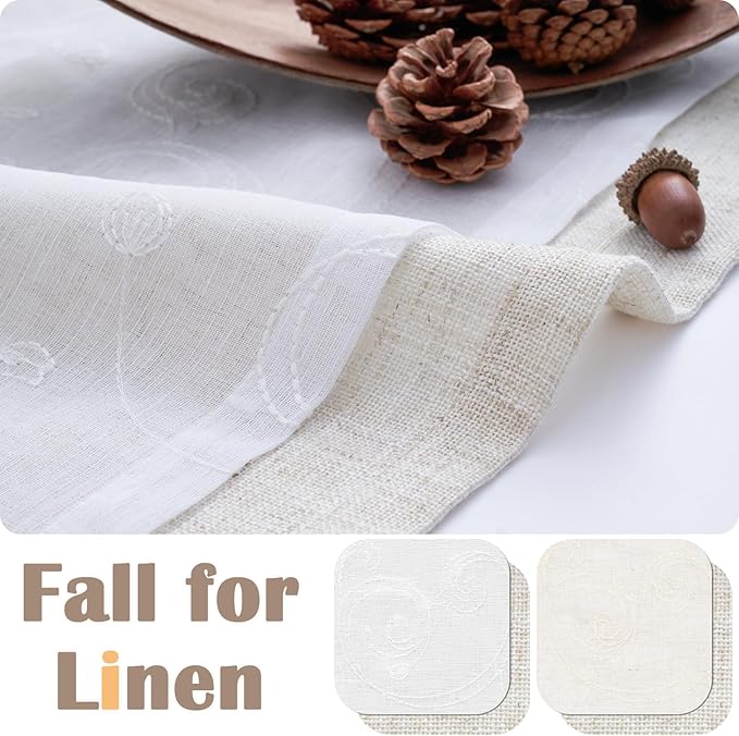 jinchan Linen Valance for Window Embroidered Farmhouse Light Filtering Voile Valance for Living Room Kitchen Beige Cottage Rustic Double Layer Curtain 16 Inch 1 Panel White