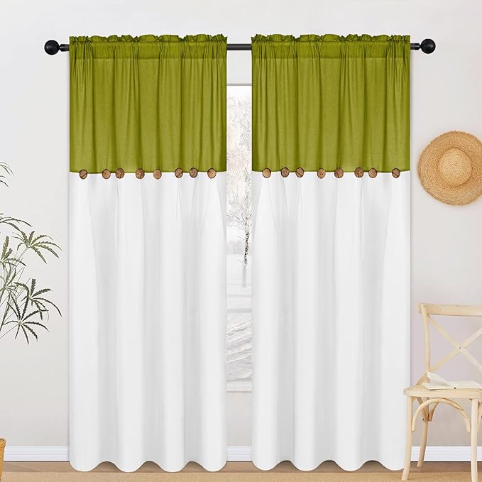 FRAMICS Farmhouse Cotton Linen Curtains for Living Room, Rustic Button Curtains 84 Inch Length 2 Panels, Boho Linen Window Curtain for Bedroom Rod Pocket Drapes, 52 x 84 Inch, Fresh Green and White