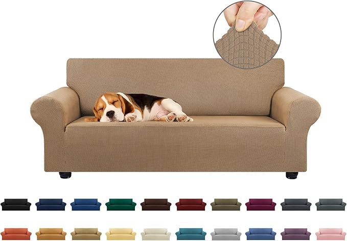 KEKUOU Stretch Loveseat Sofa Cover Slipcover,Couch Covers for 2 Cushion Couch Sofa (55"-78") Furniture Protector Sofa with Elastic Bottom for Kids,Dog. Jacquard Small Checked(Medium,Camel)