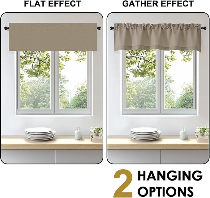 OWENIE Bob Valance Curtains 18 Inch Length 1 Piece, Faux Linen Slub Solid Stone Kitchen Valance for Bedroom Living Room, Farmhouse Soft Airy Rod Pocket Small Window Curtain, Each 60Wx18L Inch