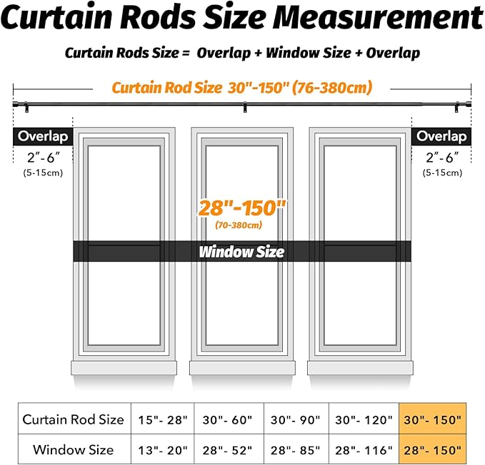GEEBOBO Black Curtain Rods for Windows 72 to 144 Inch, 1 Inch Adjustable Heavy Duty Easy Install Curtain Rods Set for Outdoor, Patio, Farmhouse, Bedroom, Living Room (Black, 30"-150")