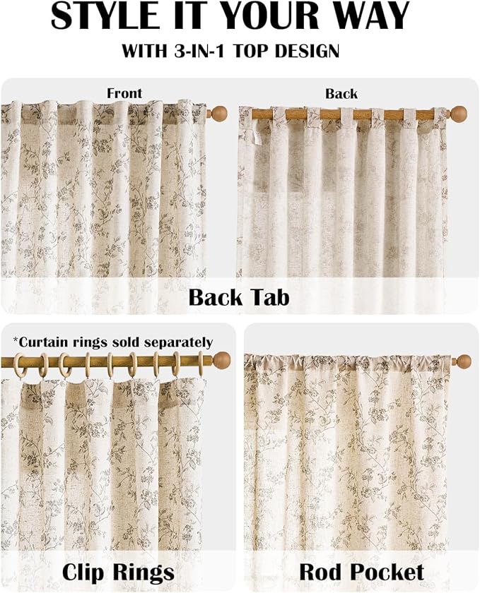 Lazzzy Grey Floral Linen Curtains 96 Inch Farmhouse Back Tab Drapes for Living Room Bedroom Light Filtering Vintage Grandmillennial Rod Pocket Curtains, 2 Panels, W38 x L96, Grey on Beige