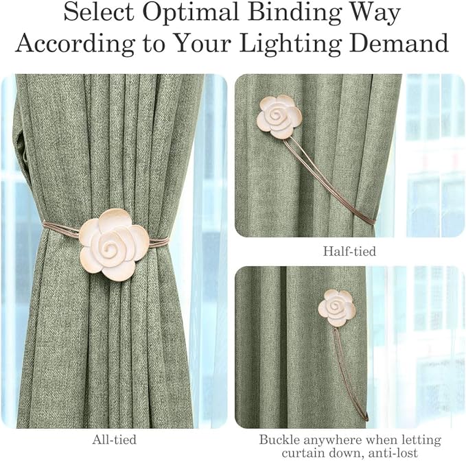 Lewondr Magnetic Curtain Tiebacks, Vintage Curtain Holdback, Resin Flower Curtain Ties with Rope Drapery Retro Window Curtain Decorative Buckle Holder for Outdoor, Home Office, and Cafe Balcony, Beige