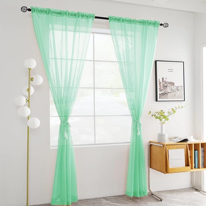 youleyar Solid Sheer Rod Pocket Curtain Voile Draperies 2 Panels White Beige Black Grey Coffee 52 Inch Width 96 Inch Long 1 Pair for Kitchen Bedroom Children Living Room Yard (Light Green,52Wｘ96L)