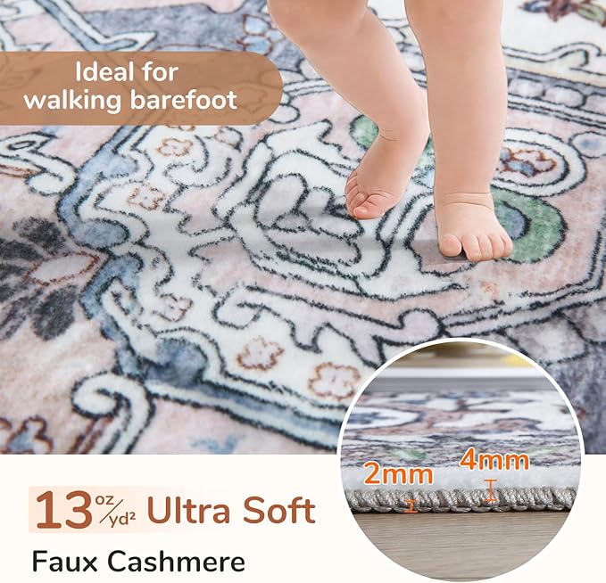 OPPODREAM Soft Area Rugs 5x7, 5x7 Washable Rug with Non Slip Backing, 5 x 7 Faux Cashmere Low-Pile Carpet, Purple & Green & Cream