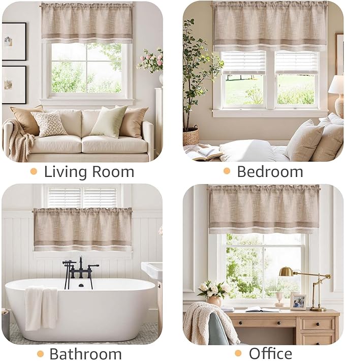 jinchan Farmhouse Linen Valance for Living Room Windows 16 Inch Slubbed Crossed Double Layer Window Valance Light Filtering Rustic Country Overlay Rod Pocket 1 Panel Blush Beige