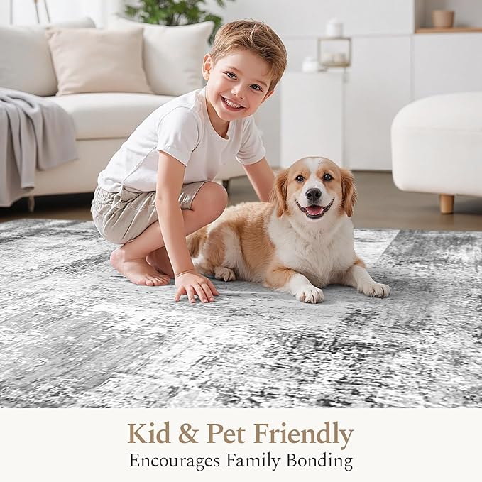 Rugflix 6x9 Large Area Rugs for Living Room, Abstract Washable Rug, Non-Slip, Stain Resistant, Soft Low Pile Carpet, Indoor Grey Rug for Bedroom, Dining Room, Home Office