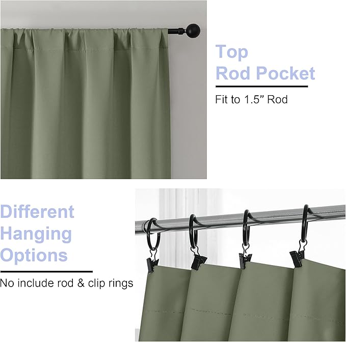 Simplebrand Ava Sage Green Blackout Curtains for Bedroom 63 Inch Length 2 Panels Set, Solid Thermal Insulated Energy Saving Rod Pocket Window Treatment Curtains Blackout Drapes, W40 x L63 Inch, Sage