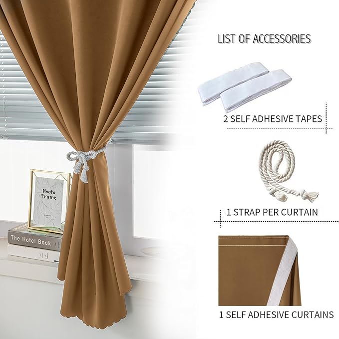 Self Adhesive Curtains, Stick Curtain Blackout Shades Window Cover Curtains for Living Room No Drilling, 35" W X 59" L, Brown, 1 Panel