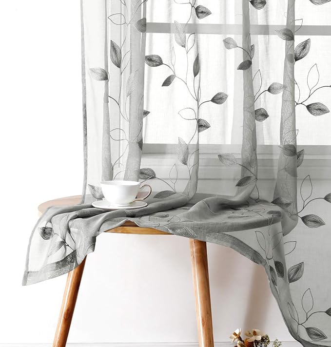 HOMEIDEAS Light Grey/Gray Sheer Curtains 52 X 84 Inches Long 2 Panels Embroidered Leaf Pattern Pocket Faux Linen Floral Semi Sheer Voile Window Curtains/Drapes for Bedroom Living Room