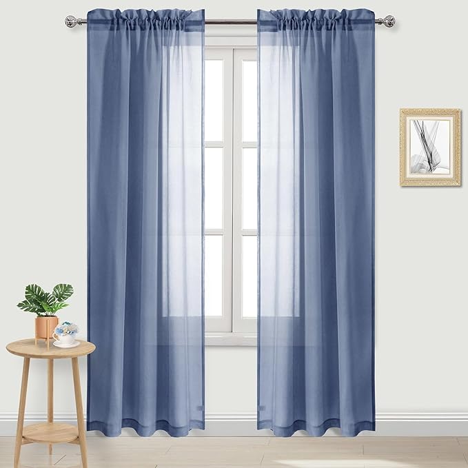 DWCN Sheer Curtains Semi Transparent Voile Rod Pocket Curtains for Bedroom and Living Room, Dusty Blue, 42 x 84 inches Long, Set of 2 Panels