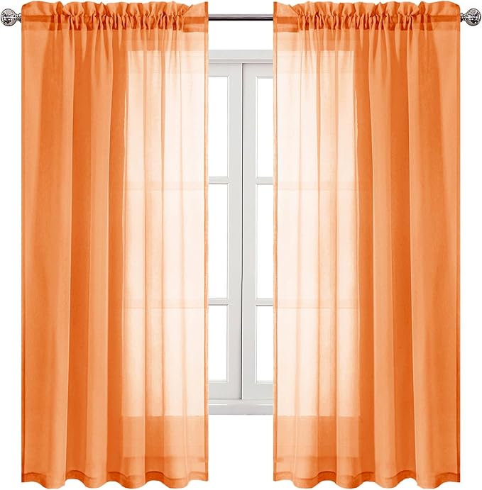 DWCN Sheer Orange Curtains 63 inch Length 2 Panels Set, Rod Pocket Solid Color Gauzy Window Treatments Lightweight Breathable Panels for Bedroom/Kitchen/Living, 2pcs, W52 x L63