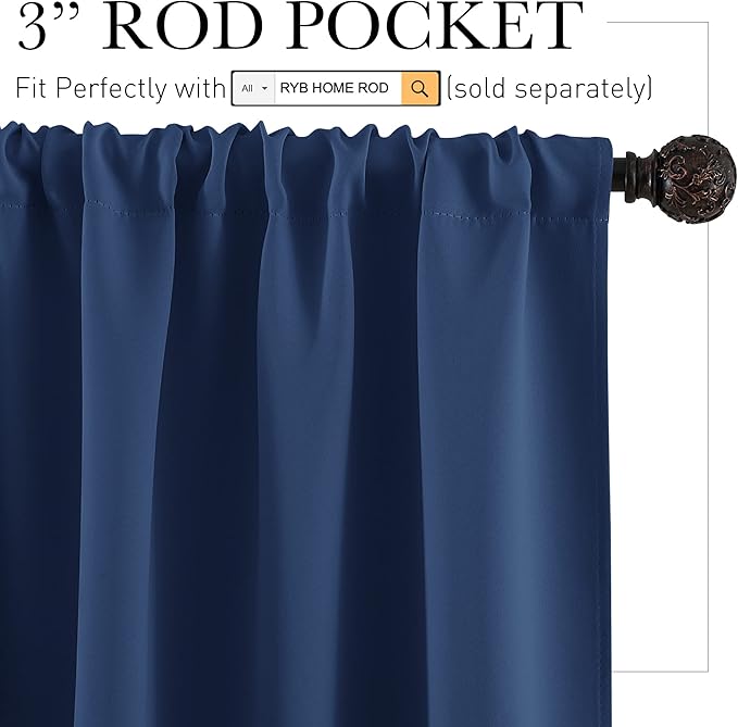 RYB HOME Blackout Curtains for Bedroom Living Room 72 inches Long, Thermal Insulated Privacy Rod Pocket Drapes for Nursery Office Home Theater, Width 42 by Length 72, Navy Blue, 2 Panels