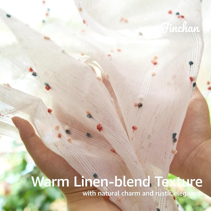 jinchan Valance Curtains for Windows 16 Inch Colorful Mini Pom-Pom Country Farmhouse Kitchen Valance Semi Sheer Voile Samll Window Treatment for Bedroom Living Room Rod Pocket 1 Panel Blush Meadow