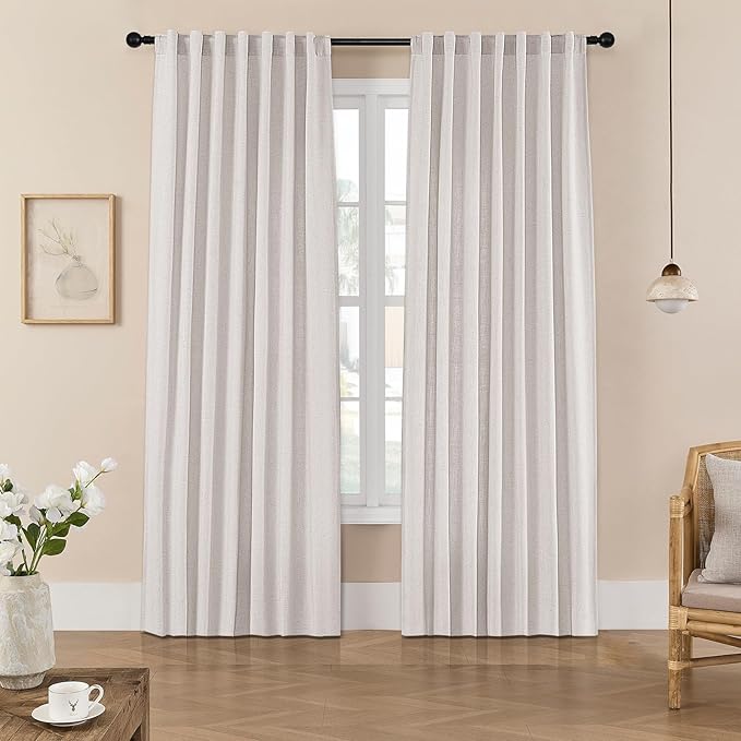 Joydeco Linen Curtains for Living Room,Light Filtering Rod Pocket Back Tab Semi Sheer Drapes Window Long Curtains 96 inches Long Blanc de Blanc