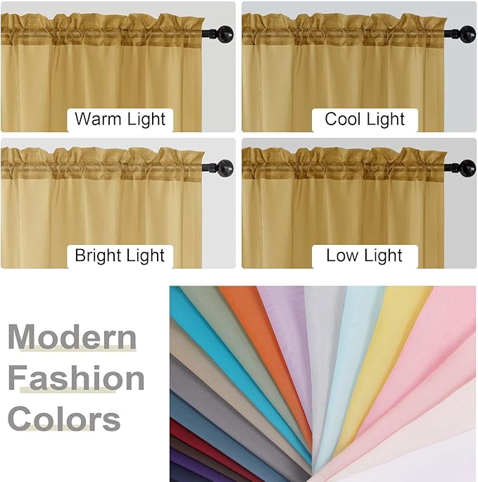 Gold Valances for Windows, Gold Sheer Curtains 14 Inch Length 2 Pack Kitchen Drapes, Modern Solid Mini Small Window Curtains for Cafe Bathroom Basement, Each 42" Wx14 L Inches