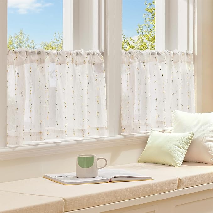 jinchan Valance Curtains for Windows 16 Inch Colorful Mini Pom-Pom Country Farmhouse Kitchen Valance Semi Sheer Voile Samll Window Treatment for Bedroom Living Room Rod Pocket 1 Panel Sunlit Grove
