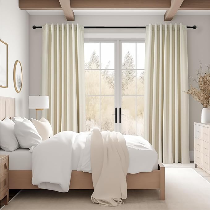 Topfinel 102 Inches Long Cream Colored Custom Total Blackout Linen Curtains, Rod Pocket Curtains with Pin Hooks for Traverse, Aesthetic Burlap Viral Drapes 2 Panels for Living Room Master Bedroom