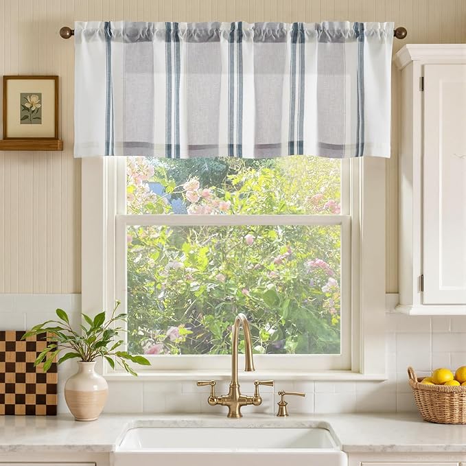 jinchan Striped Valance Farmhouse Window Treatment Linen Textured Drapes for Small Windows Kitchen Living Room RV Vintage Light Filtering Valance 16 Inch Rod Pocket 1 Panel Blue and Grey