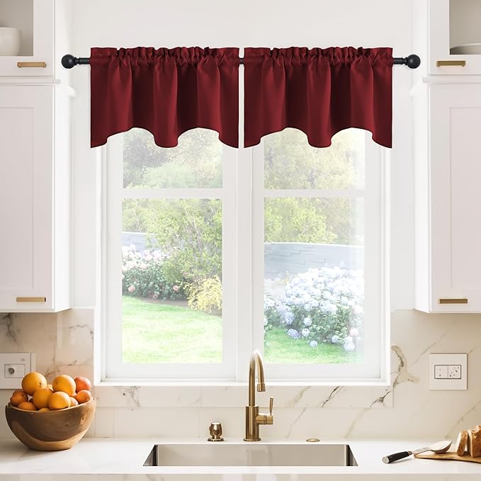 NICETOWN 2 Panels Valance for Window Farmhouse Style Window Treatment Thermal Insulated Room Darkening Curtain Valances Rod Pocket for Kitchen/Living Room/Christmas, 42 x 18 inch Long, Burgundy Red