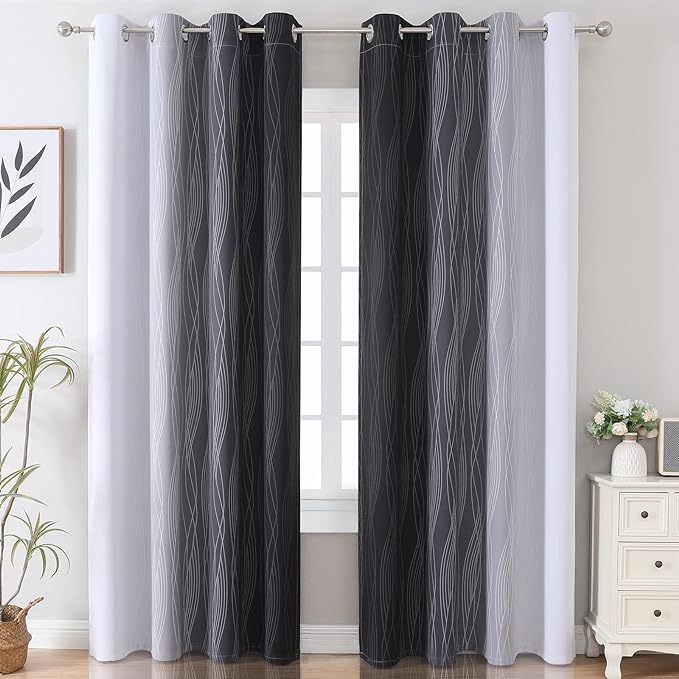 Estelar Textiler Ombre Blackout Curtains 102 Inches Long 2 Panels Set, Black and Greyish White Thermal Insulated Drapes for Bedroom, Full Room Darkening Grommet Curtains for Living Room, 52Wx102L