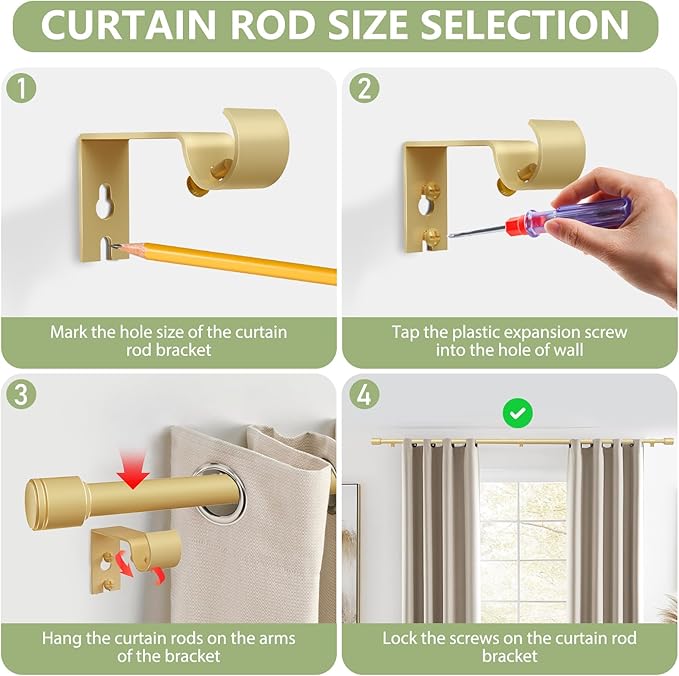 5/8” Diameter Curtain Rods 30-90 Inch, for 30-84 Inch Windows, Adjustable Splicing Gold Curtain Rods for Windows with Brackets, Window Rod Long Small Curtains Rod