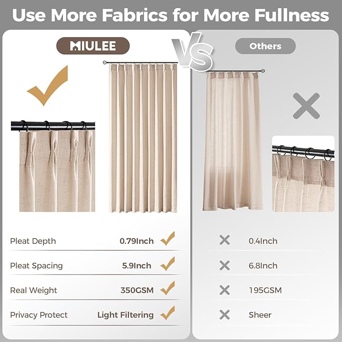 MIULEE Pinch Pleated Thick Linen Curtains 84 Inches Long 2 Panels for Living Room Bedroom, Linen Textured Memory Trained Drapes Pleat Back Tab Light Filtering Sand Beige Window Curtains with Hooks