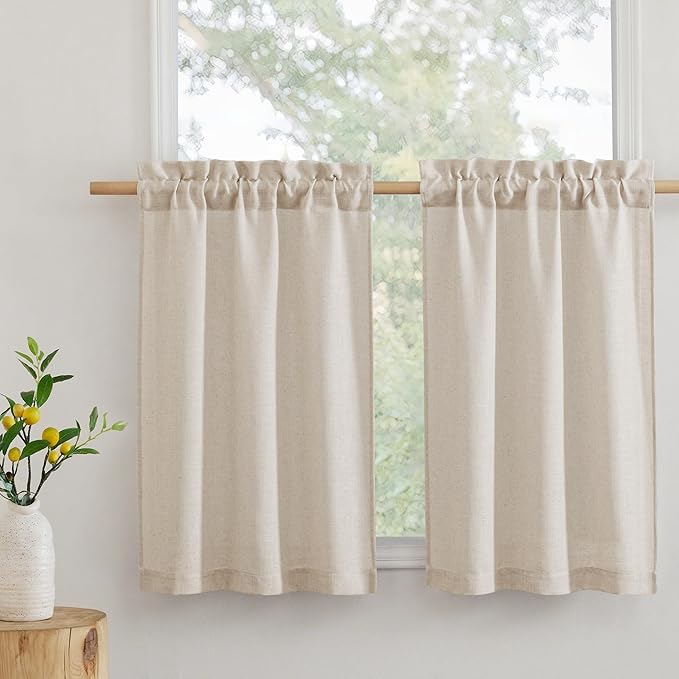 RYB HOME Kitchen Curtains, 30 inches Long Linen Rod Pocket Semi Sheer Cuartins for Basemnet Cafe, Light Filtering Bathroom Curtains Over Sink, W 26 x L 30, Beige, 2 Panels Set