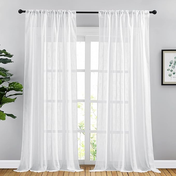 NICETOWN Living Room Curtains Linen Sheer, Rod Pocket & Back Tab Sheer Linen Window Treatments Extra Long Vertical Drapes Privacy with Light Filter for Bedroom, White, W66 x L95, 2 Panels