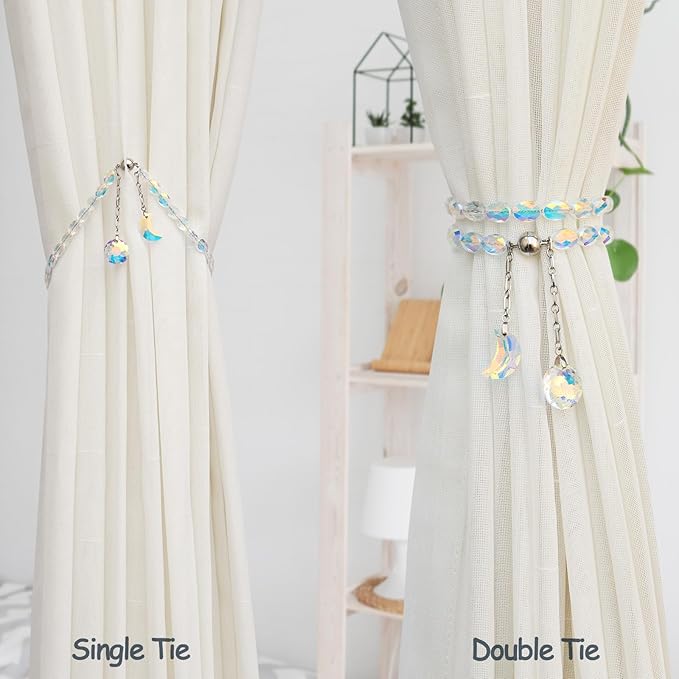 PEDOBO Magnetic Curtain Tiebacks, 2 Pack Crystal Beaded Sun & Moon Pendants Sheers/Draperies Holdbacks for Window Home Office Decor (Crystal AB)